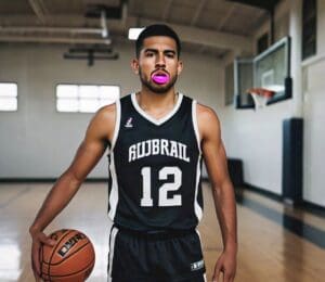 A basketball player in a sports uniform holding a basketball and wearing a mouth guard, standing confidently on the court.